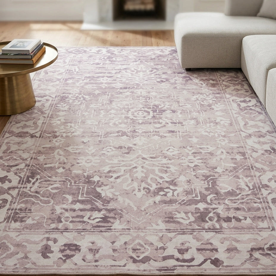Shay Beige Traditional Distressed Machine Washable Rug