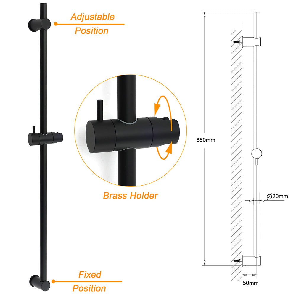 Matt Black Solid Brass 850mm Long Sliding Rail Bar Swivel Handheld Shower Holder