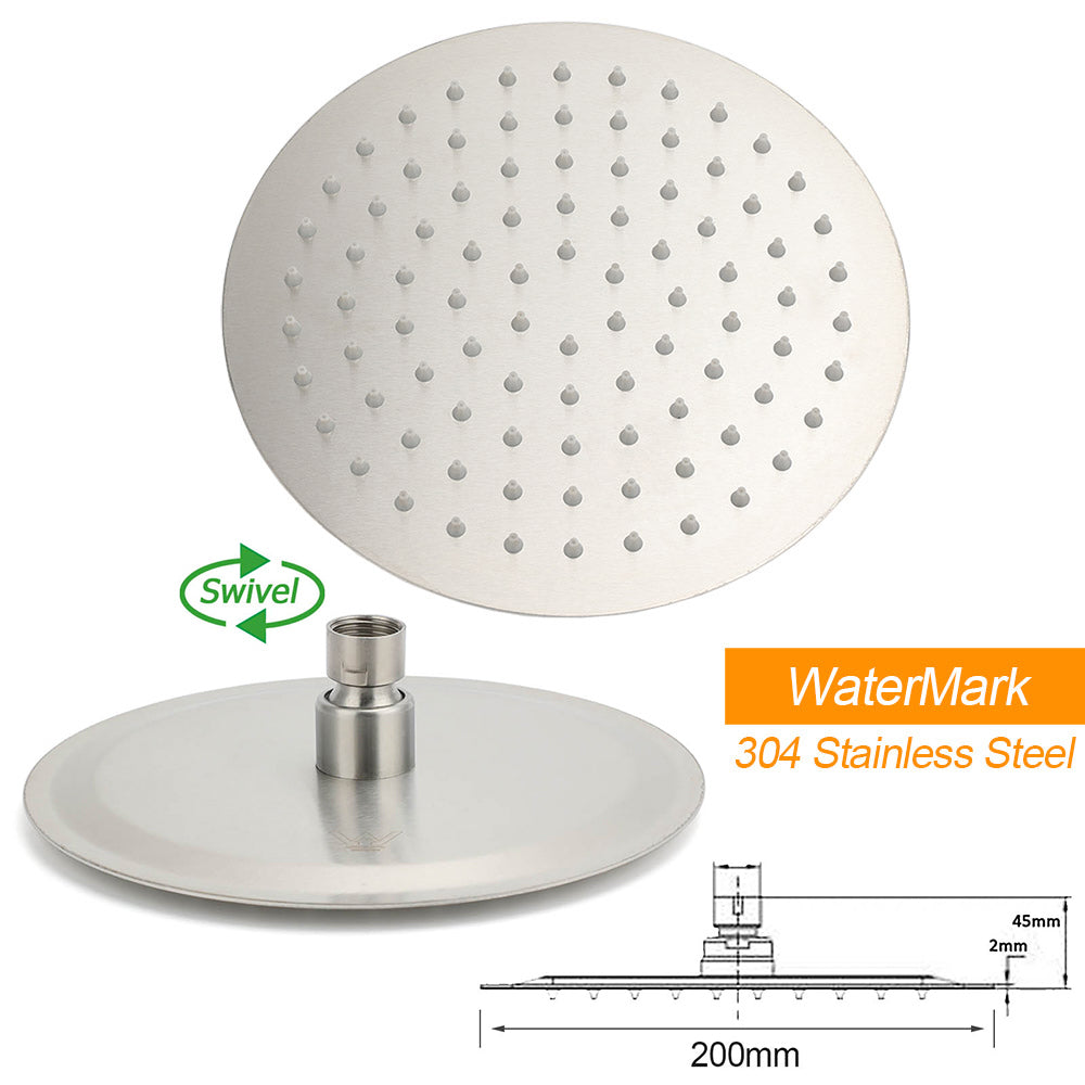 WELS Brushed Nickel Round 8" Rain Shower Head Straight Wall Mount Arm Mixer Set