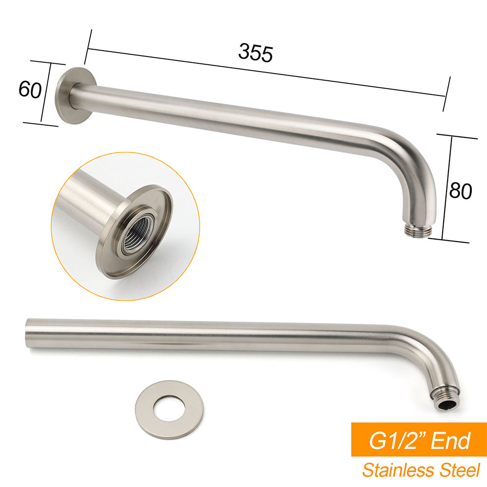 WELS Brushed Nickel Round 12" Rain Shower Head Straight Wall Mount Arm Mixer Set