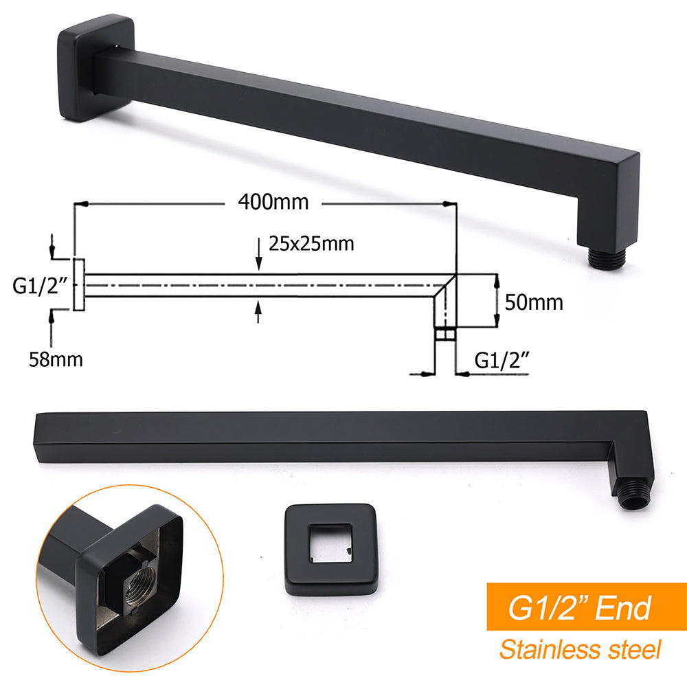 Matt Black Square 8" Rainfall Shower Head & 400mm Brass Straight Wall Mount Arm Set