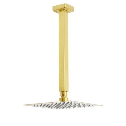 WELS Brushed Gold Square 8" Rain Shower Head 300mm Brass Ceiling Dropper Arm Set