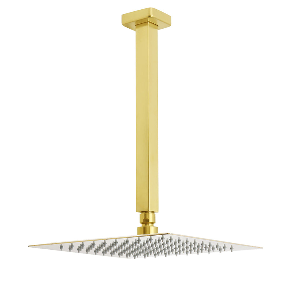 Brushed Gold Square 10" Rainfall Shower Head 30cm Ceiling Dropper Extension Arm Set