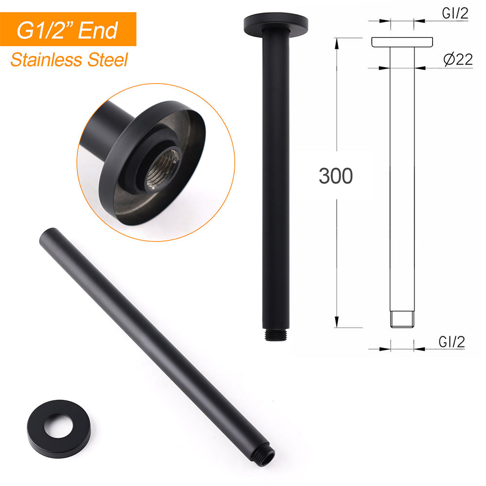 Matt Black Round 16" Extra Large Rain Shower Head 300mm Ceiling Dropper Arm Set