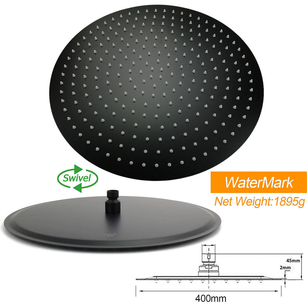 Matt Black Round 16" Extra Large Rain Shower Head 300mm Ceiling Dropper Arm Set