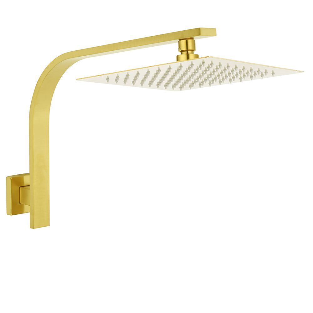 WELS Brushed Gold 10" Square SUS Shower Head + Brass Gooseneck Wall Arm Set