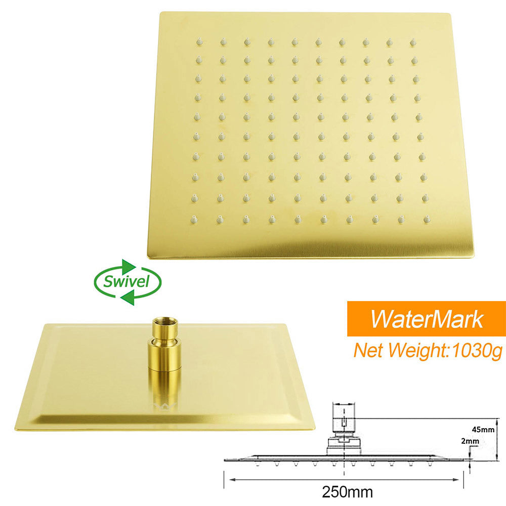 WELS Brushed Gold 10" Square SUS Shower Head + Brass Gooseneck Wall Arm Set