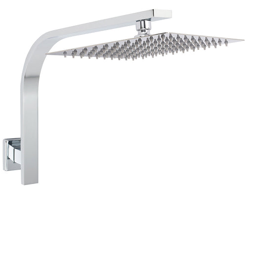 WELS Chrome Square 10" Thin Rainfall Shower Head + Brass Gooseneck Wall Arm Set