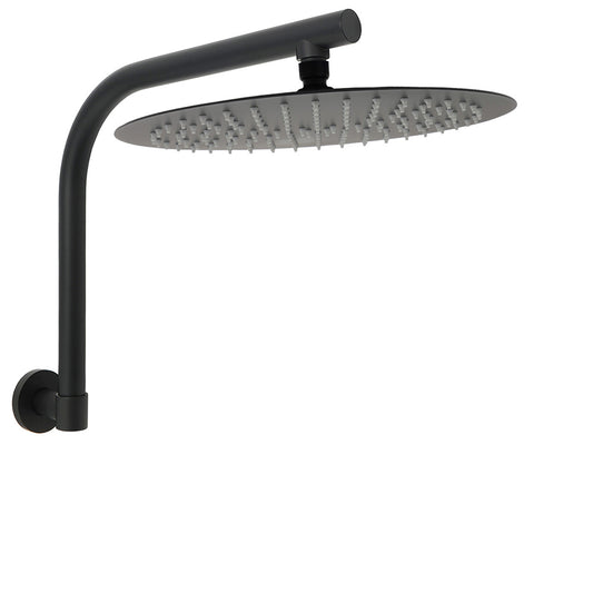 WELS Matt Black 12" Large Round Rain Shower Head & Gooseneck Swivel Wall Arm Set