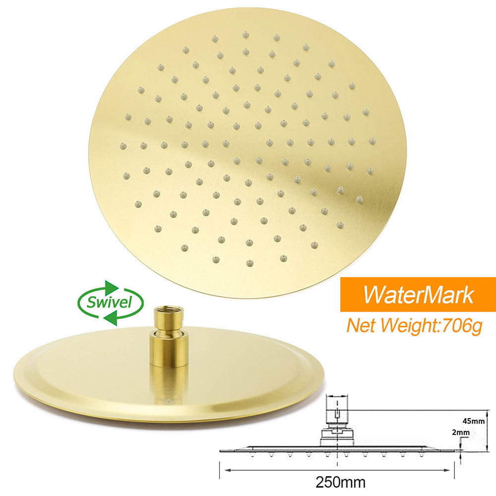 Brushed Gold Round 10 Inch Rain Shower Head Swivel Brass Gooseneck Wall Arm Set