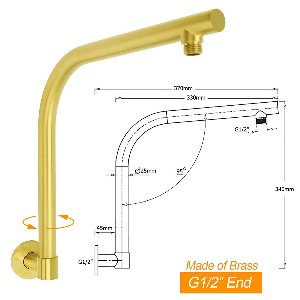 Brushed Gold Round 12 Inch Rain Shower Head Swivel Brass Gooseneck Wall Arm Set