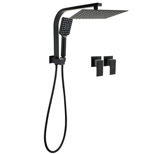 WELS Matt Black Square 10" Shower Head 3 Modes Handheld Gooseneck Arm Twin Taps Set