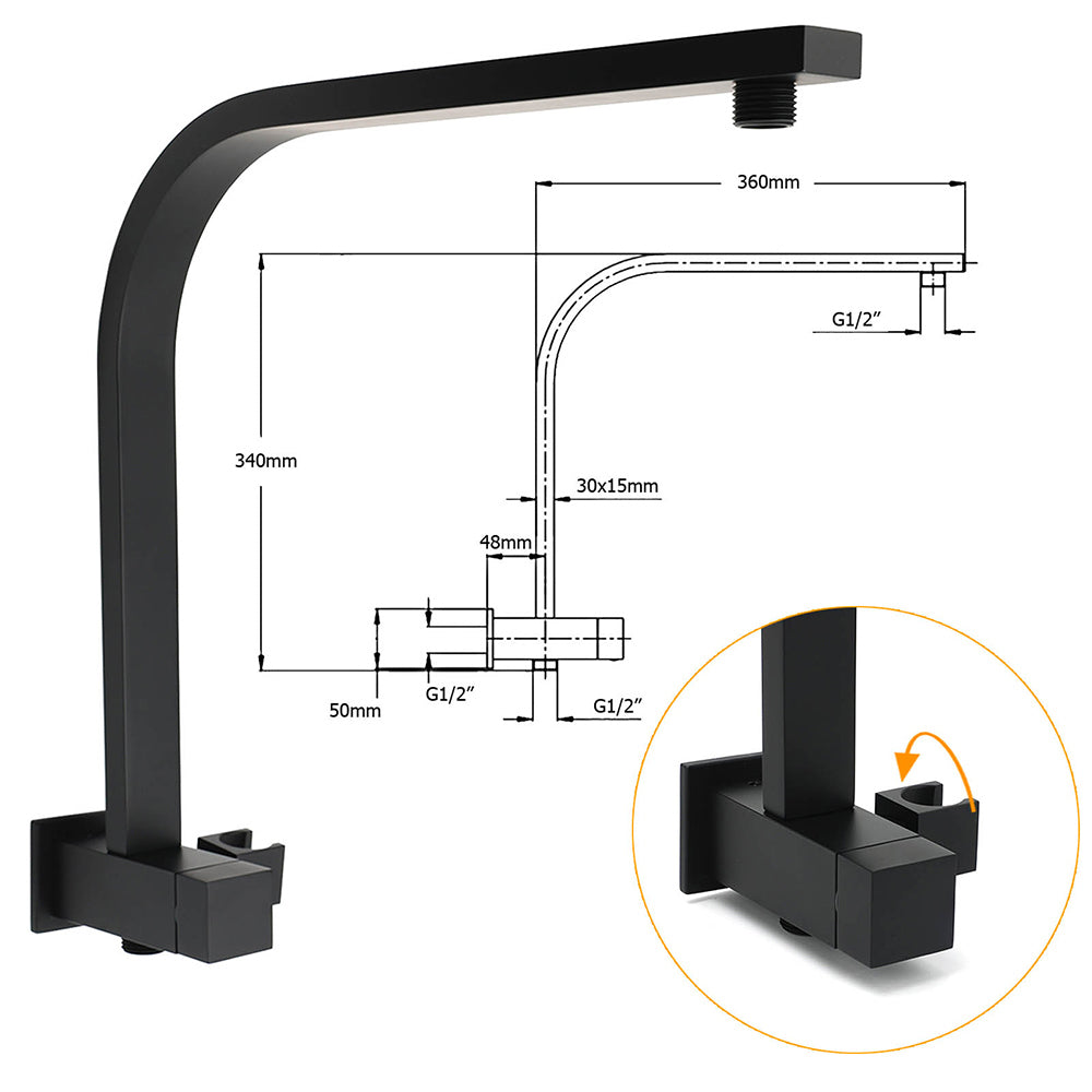 Matt Black Twin Set 12" Large Shower Head 3 Modes Handheld Gooseneck Arm Wall Taps