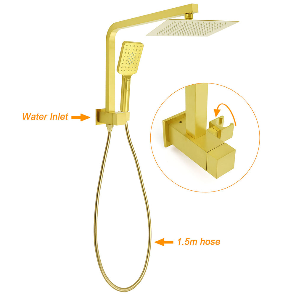 WELS Brushed Gold Twin Shower 8" Rain Head Handheld Diverter Wall Arm Square