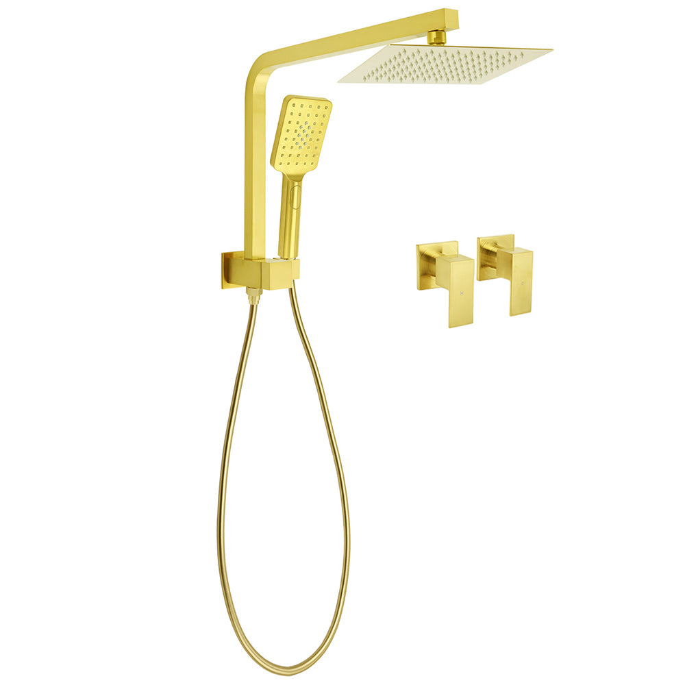 WELS Brushed Gold Twin Shower 8" Rain Head Handheld Diverter Wall Arm Square Taps