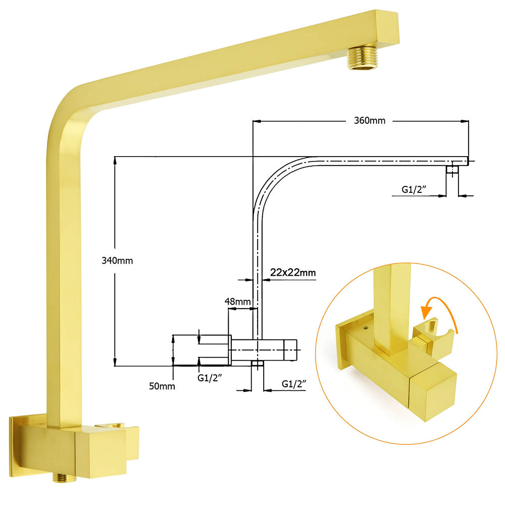 Brushed Gold Twin Shower 10" Rain Head Handheld Diverter Wall Arm Set Square Taps