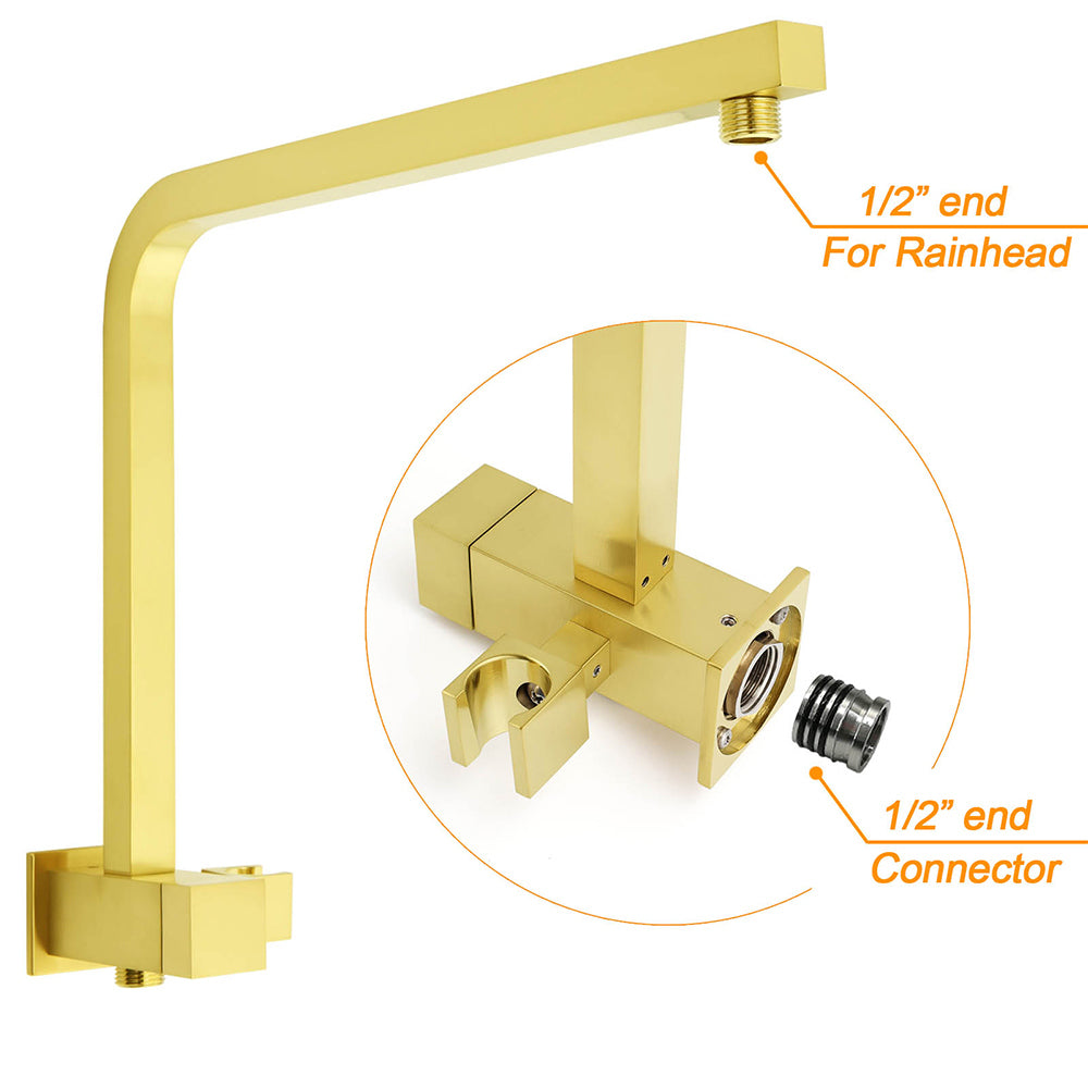 WELS Brushed Gold Twin Shower 12" Rain Head Handheld Diverter Wall Arm Set Square Taps
