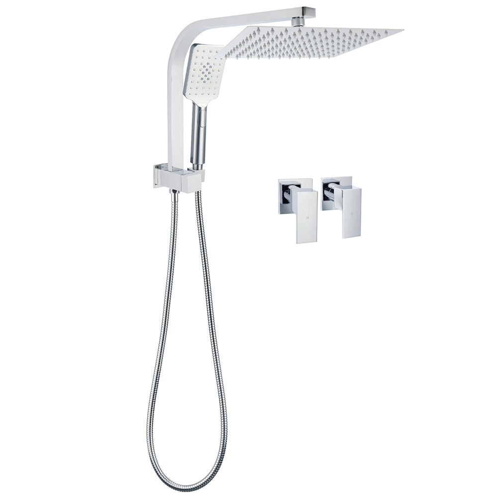 WELS Chrome 2in1 10" Square Rain Shower Head Handheld Spray Diverter Wall Arm Taps Set