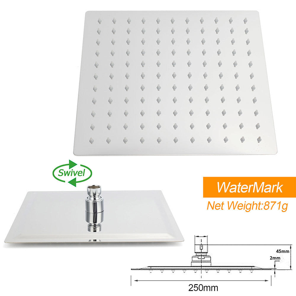 WELS Chrome 2in1 10" Square Rain Shower Head Handheld Spray Diverter Wall Arm Taps Set