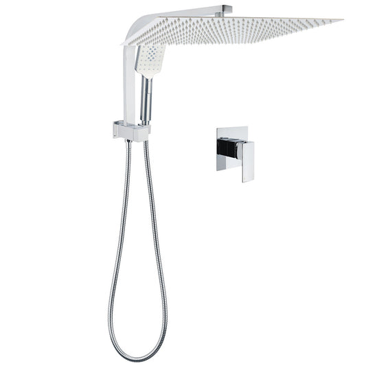 WELS Square Chrome 16" Large Shower Head 3 Mode Handheld Diverter Wall Arm 2in1 Set + Mixer