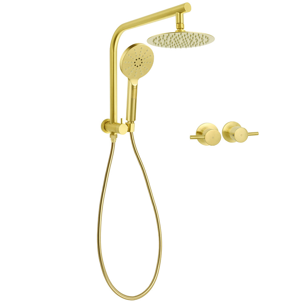 WELS Brushed Gold Round Twin 8" Shower Head Set Diverter Wall Arm Metal Handheld + Taps