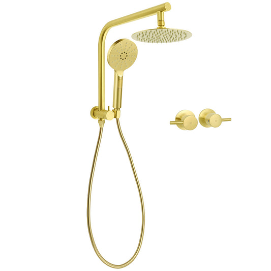 WELS Brushed Gold Round Twin 8" Shower Head Set Diverter Wall Arm Metal Handheld + Taps