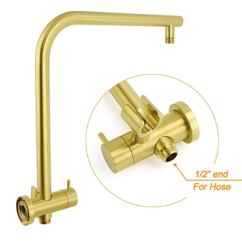 WELS Brushed Gold Round Dual Shower Head Set Simple Hold Handheld Gooseneck Arm Twin Taps