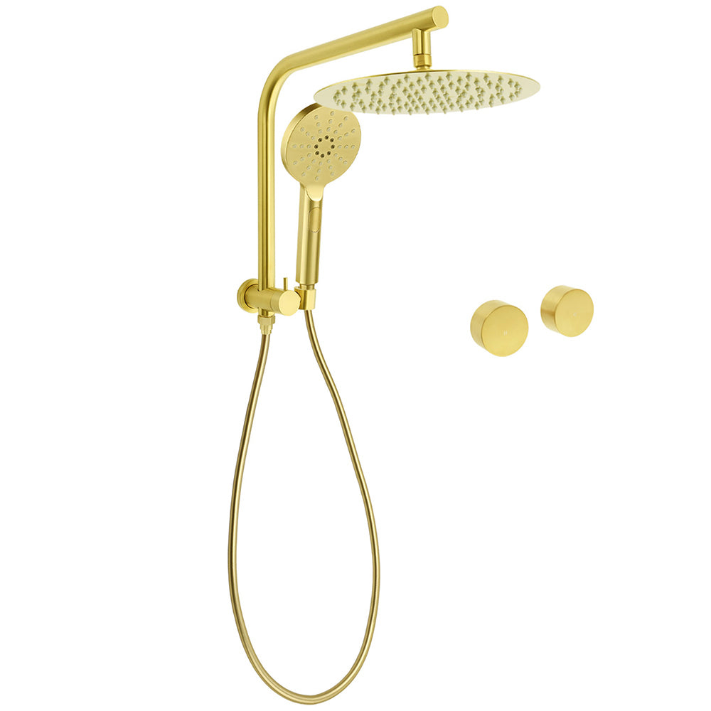 WELS Brushed Gold Large 12" Rain Shower Head 3 Mode Handheld Diverter Twin Taps Combo
