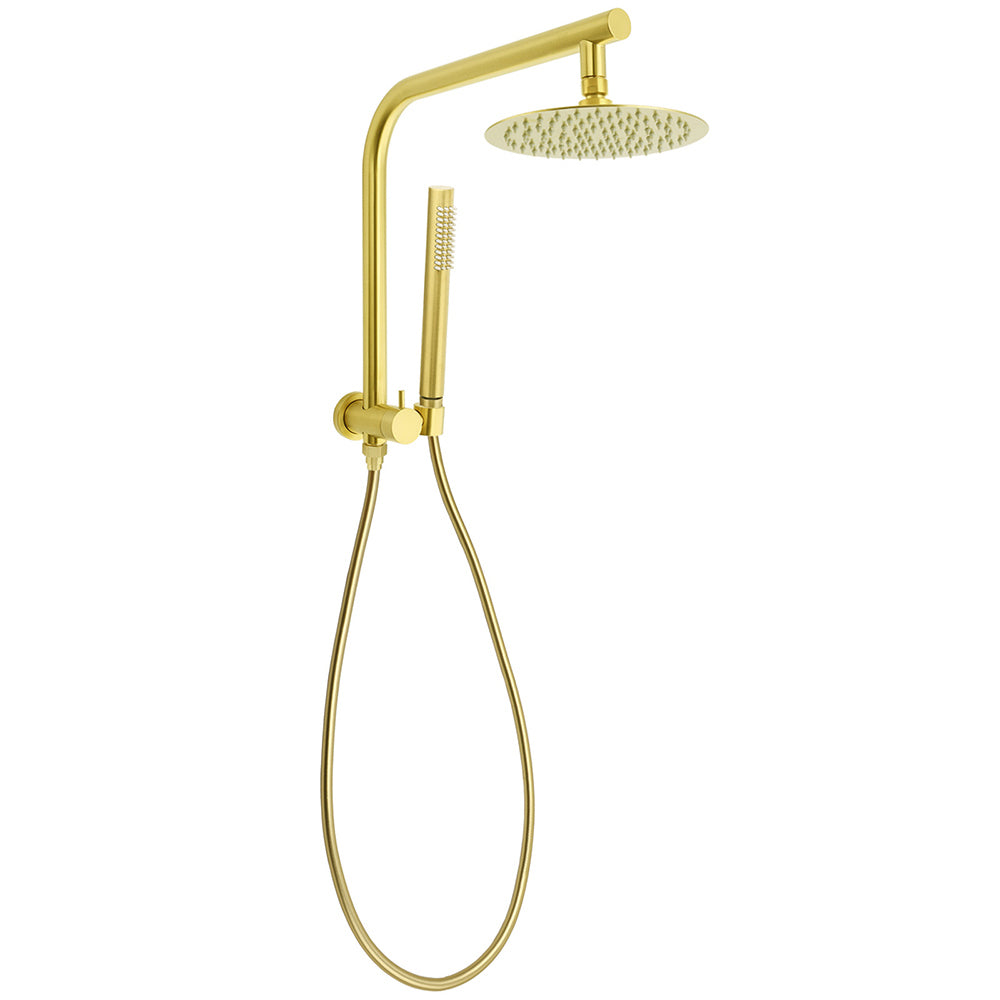 WELS Brushed Gold Round Twin Shower Head Set Diverter Wall Arm Stainless Steel Handheld Rose