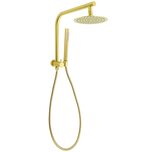 WELS Brushed Gold Round Twin Shower Head Set Diverter Wall Arm Stainless Steel Handheld Rose