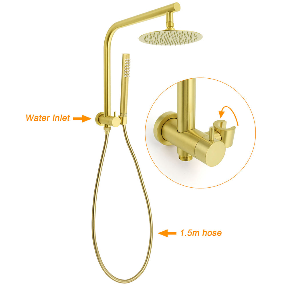 WELS Brushed Gold Round 2in1 Shower Head Set Ergonomic Handheld Gooseneck Arm Twin Taps