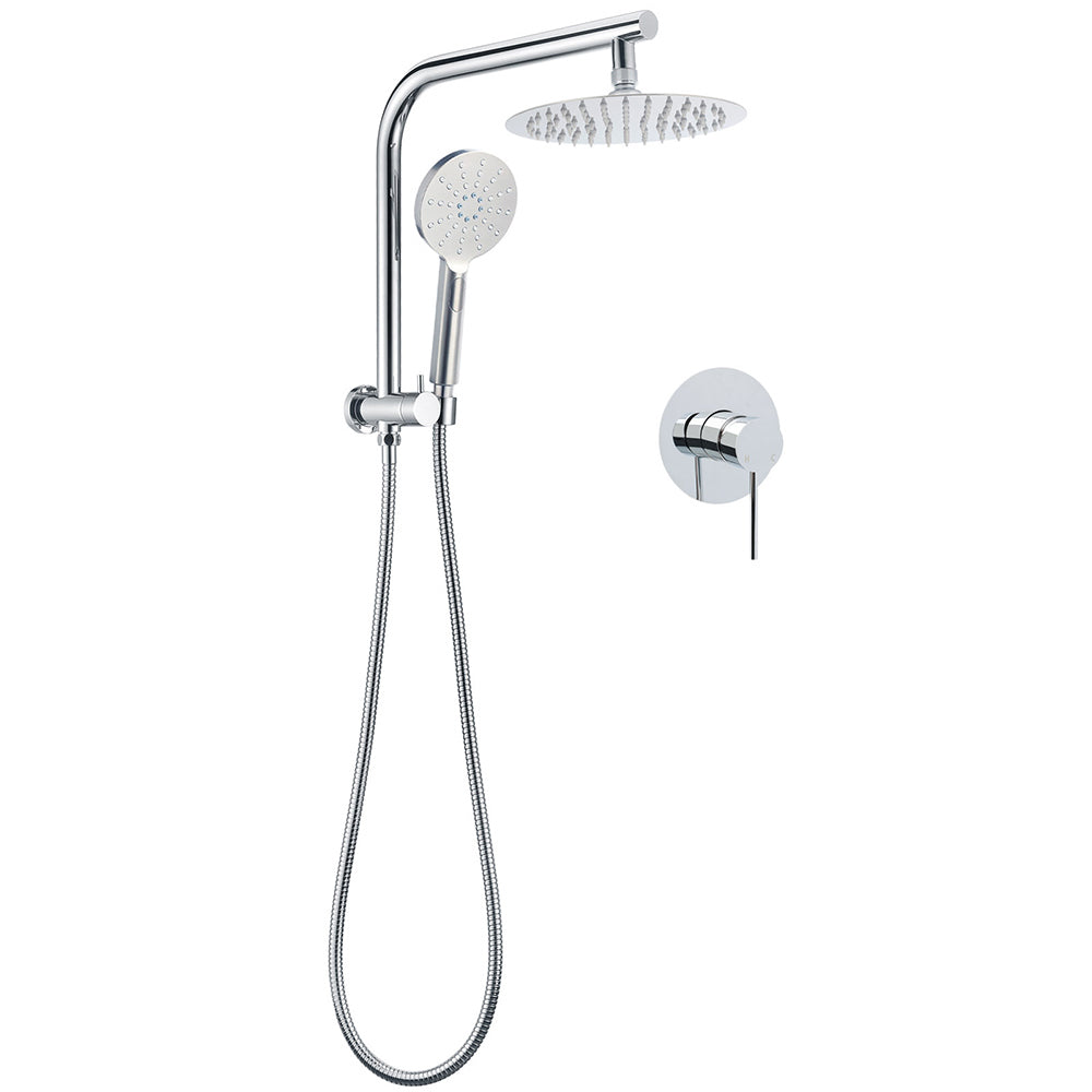 WELS Twin Shower 8" Round Chrome Head 3 Mode Handheld Rose Gooseneck Arm Mixer Set