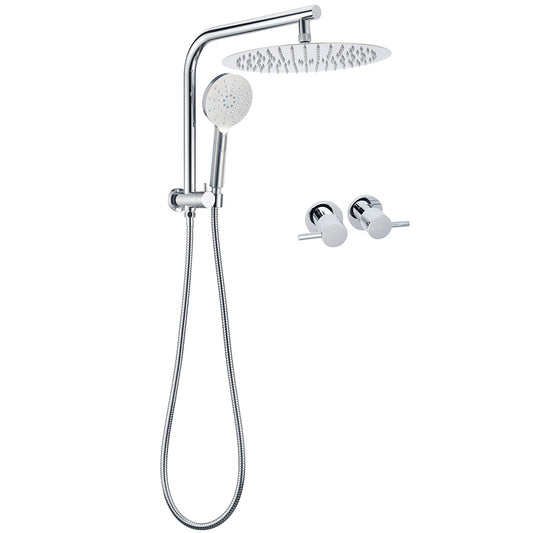 WELS Chrome Double Round Shower Head Set 12" Rainfall & 3 Mode Handheld Gooseneck Arm Twin Taps