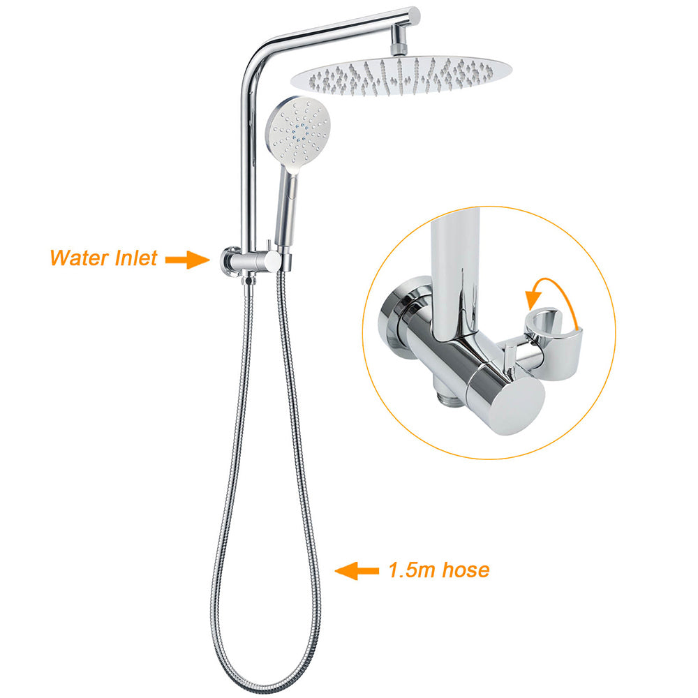 WELS Chrome Double Round Shower Head Set 12" Rainfall & 3 Mode Handheld Gooseneck Arm Mixer