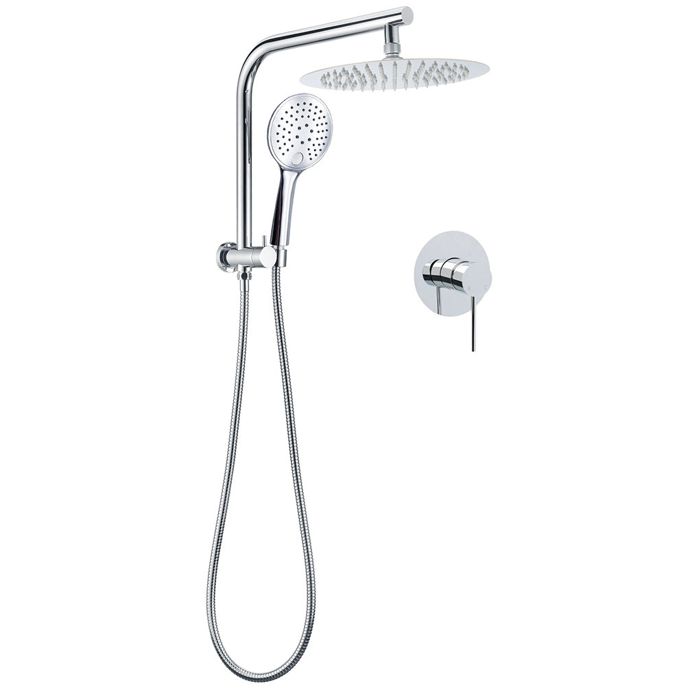 WELS Round Chrome 10" Twin Shower Head 3 Mode Handheld Gooseneck Wall Arm Mixer Set