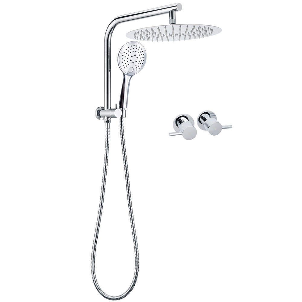 WELS 2in1 Round 12" Shower Head 3 Mode Handheld Gooseneck Arm Diverter Set Drill Free + Taps