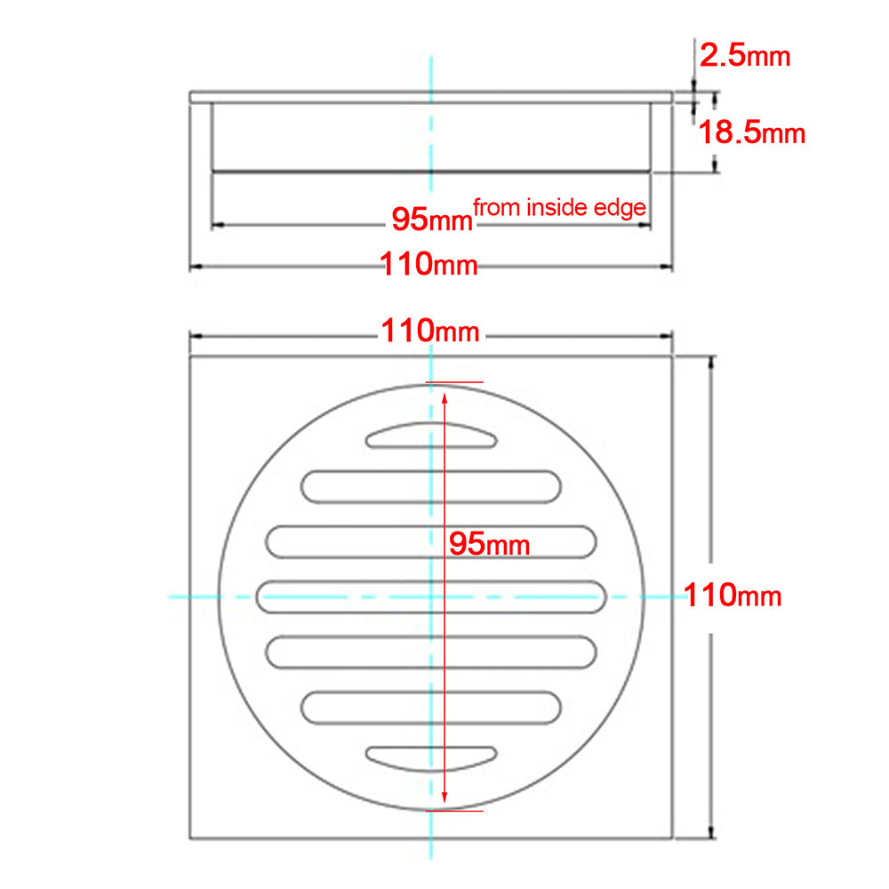 Black Bathroom 110mm Small Square Shower Grate Floor Drain 95mm Outlet Watermark