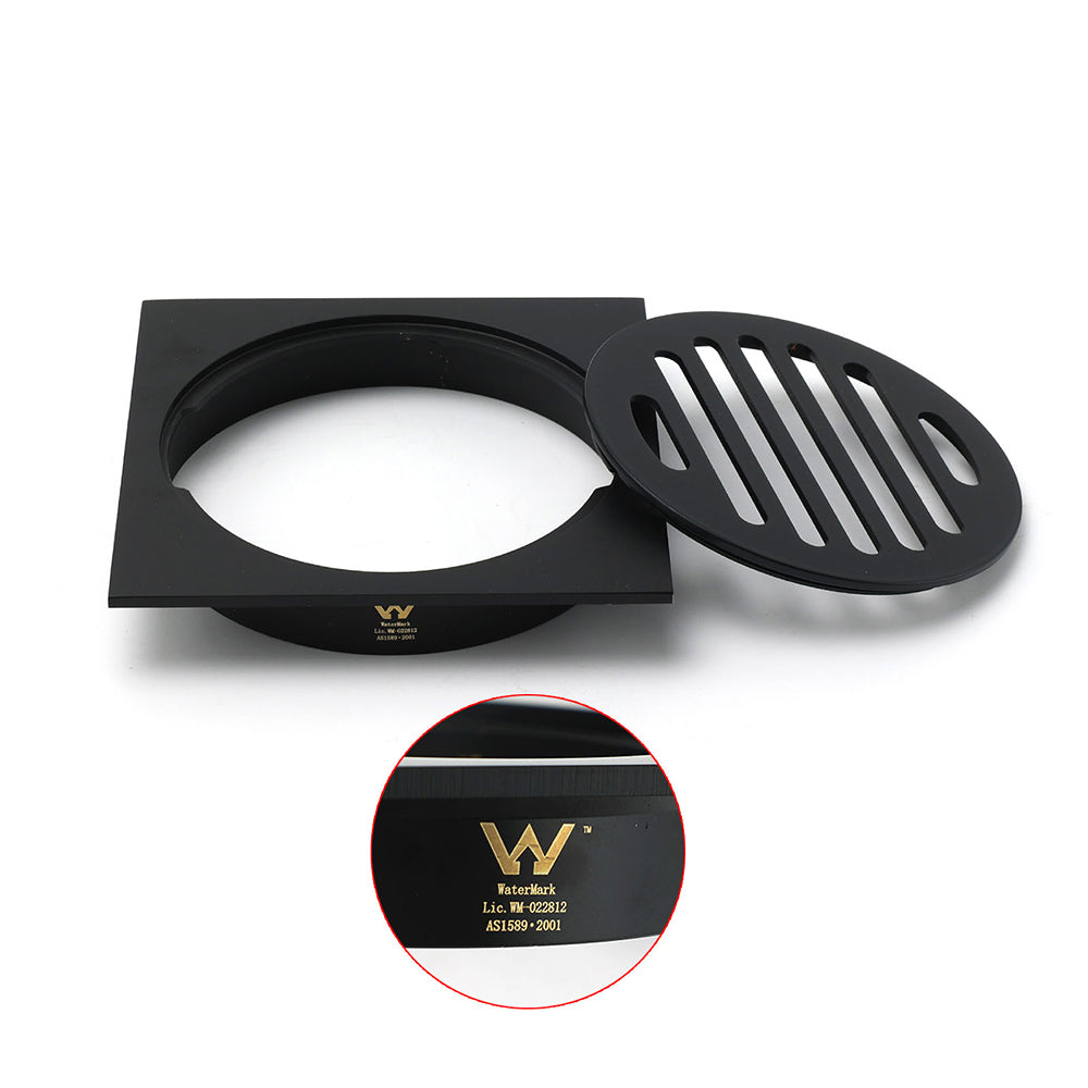 Black Bathroom 110mm Small Square Shower Grate Floor Drain 95mm Outlet Watermark