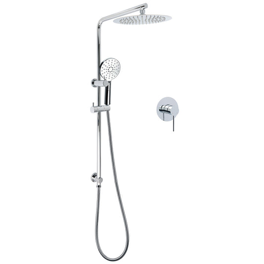 WELS Twin Shower Set 10" Rainfall Head 3 Modes Handheld Rose Silde Rail Chrome Round Mixer