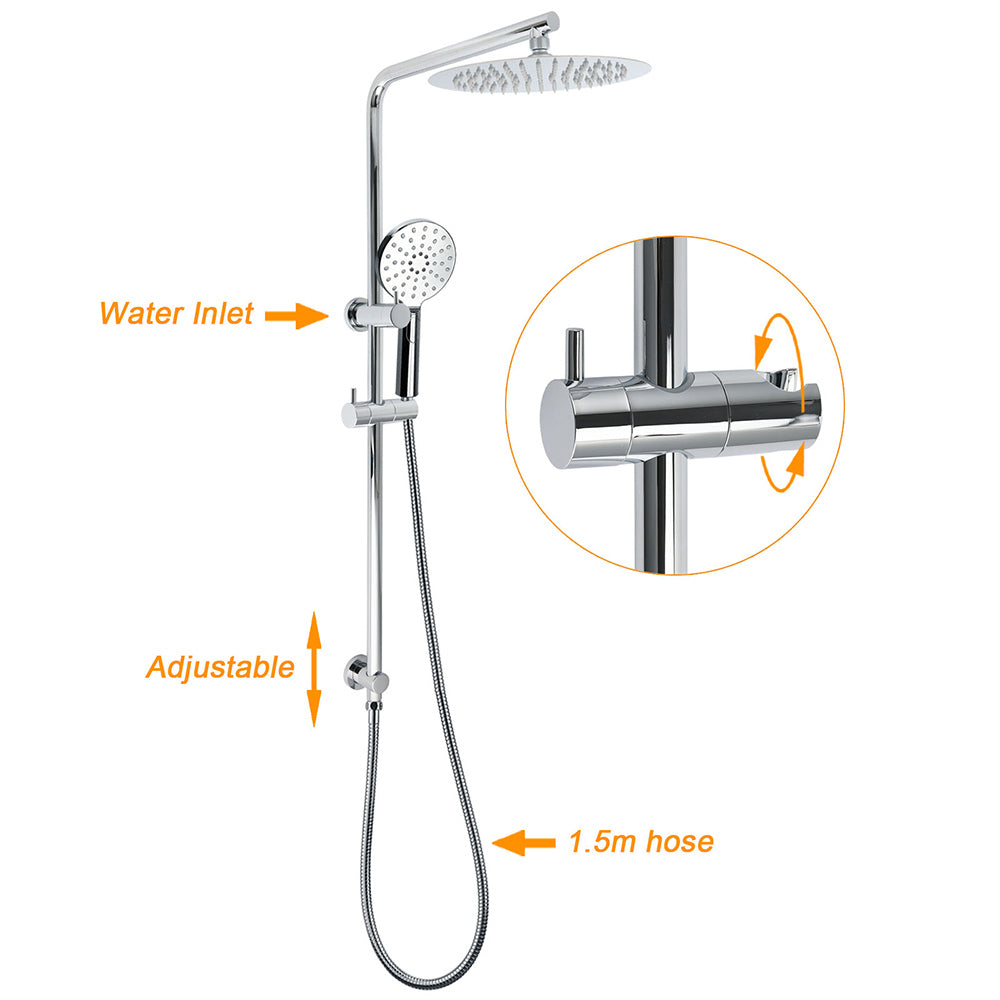 WELS Twin Shower Set 10" Rainfall Head 3 Modes Handheld Rose Silde Rail Chrome Round Mixer