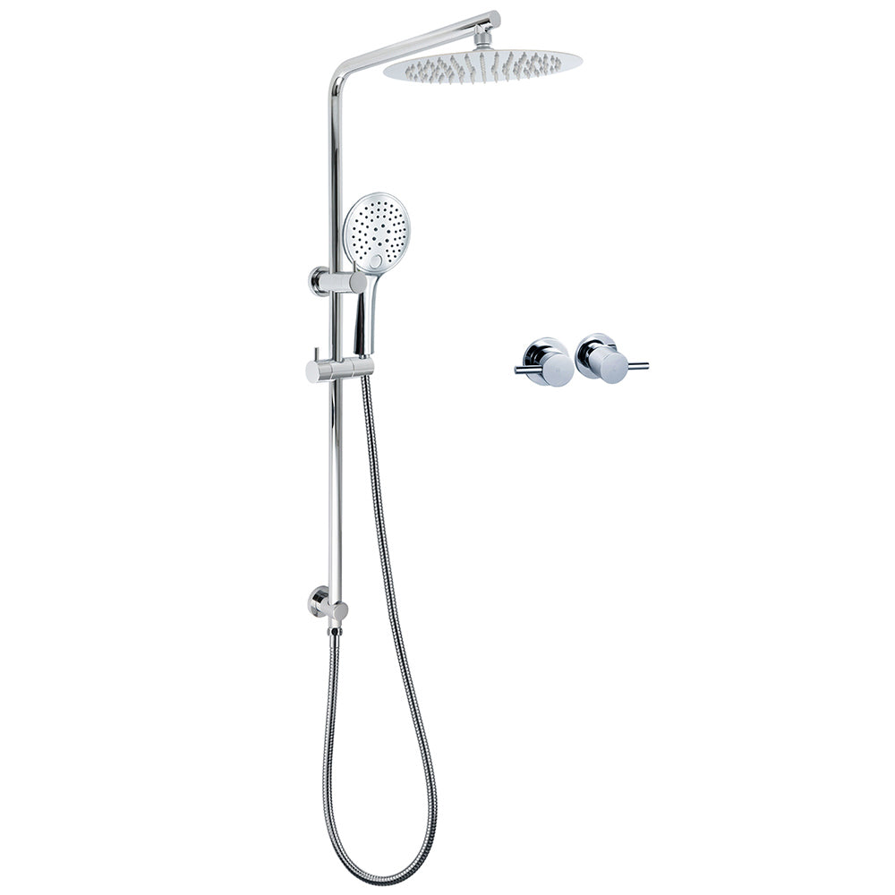 Chrome 250mm Rain Shower Head Round Handheld Sliding Rail Diverter Arm Twin Taps Set