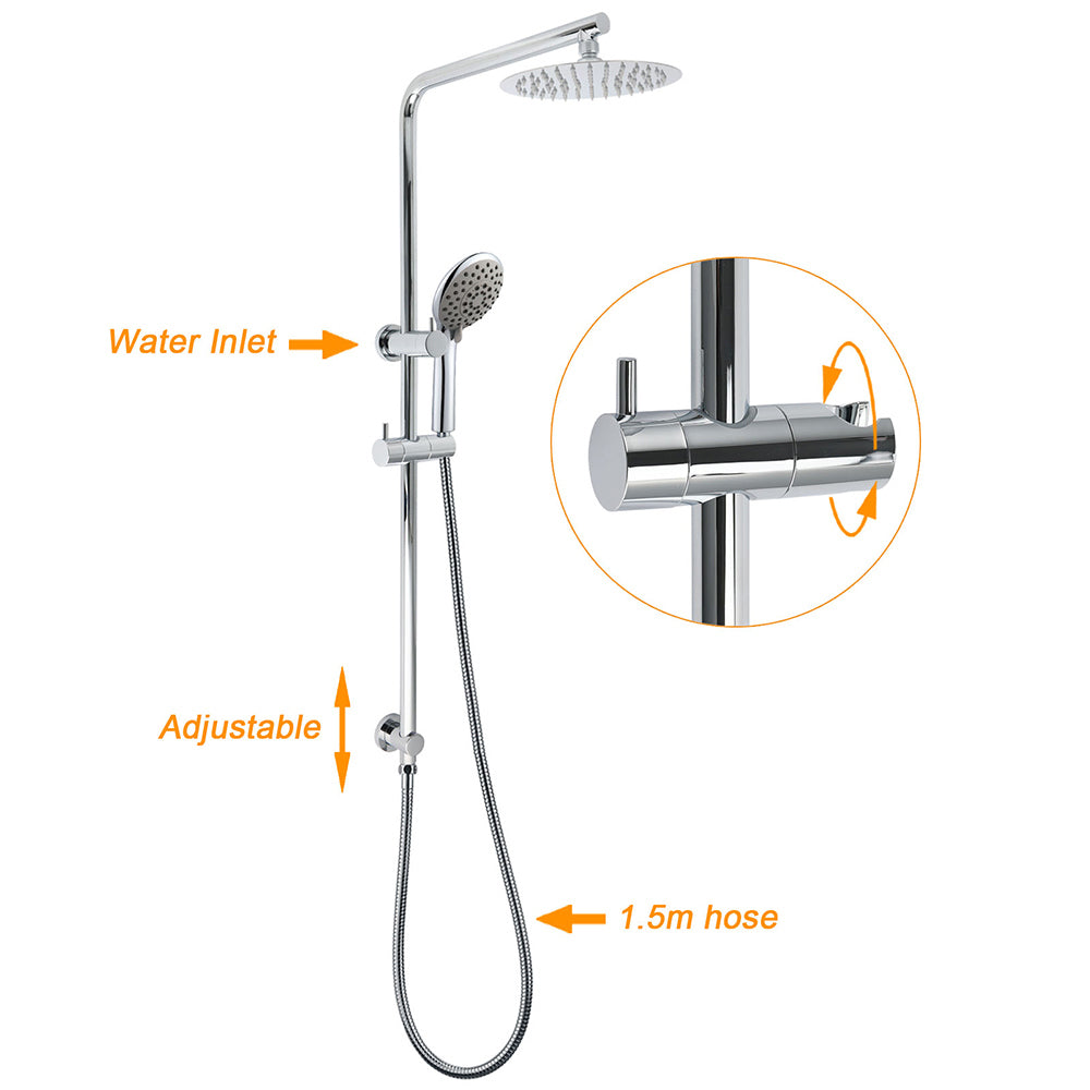 WELS Chrome Dual 8" Slim Rain Shower 5 Modes Rose Mixer Valve Sliding Rail Set