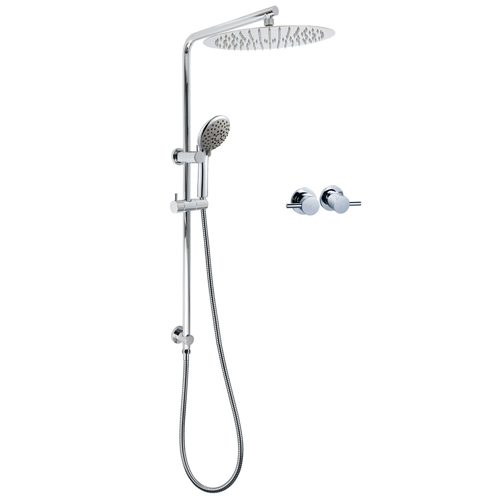 Chrome Dual Shower 12" Slim Rain Head 5 Modes Handheld Sliding Rail Inbuilt Diverter + Twin Taps
