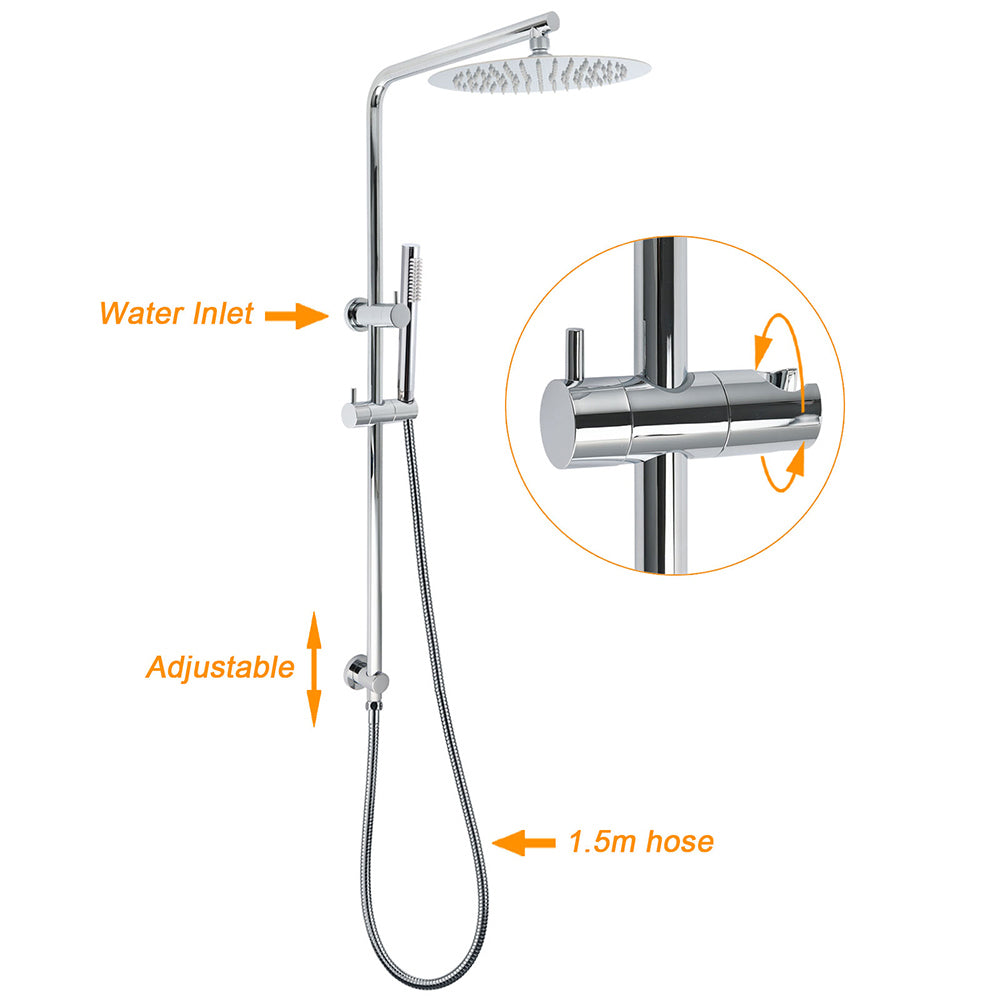 WELS 2 In 1 Shower Head Set Sliding Rail 3 Mode Handheld Arm 10" Round Chrome