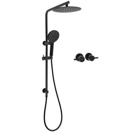 WELS Matt Black 10" Shower Rain Head Handheld Silde Wall Arm Rail Dual Set Twin Taps