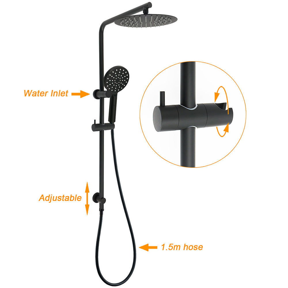 WELS Matt Black 10" Shower Rain Head Handheld Silde Wall Arm Rail Dual Set Twin Taps