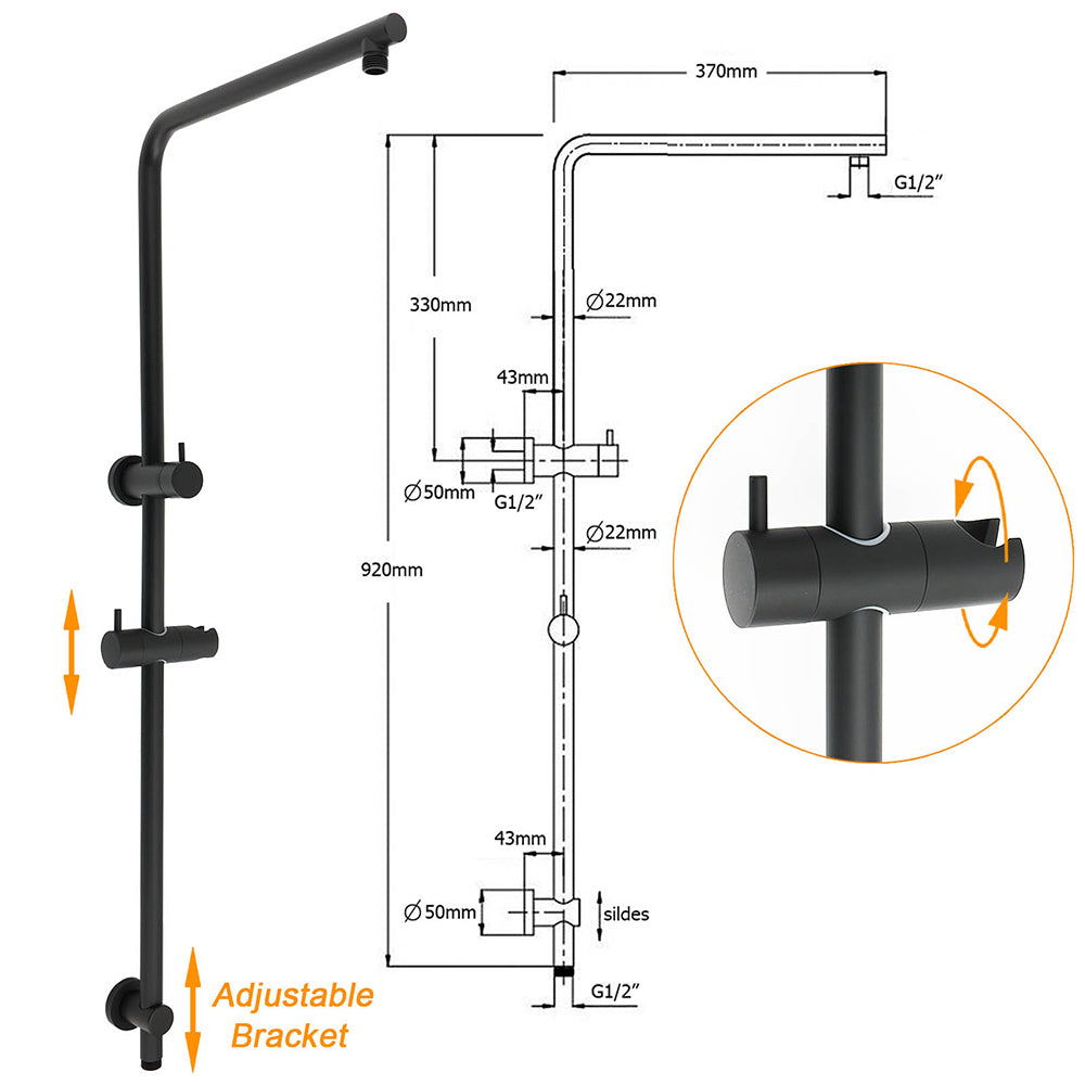 WELS Matt Black 2in1 Round 9" Rainfall Shower Head & 3 Modes Handheld Silde Rail Taps Set
