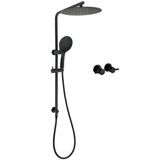 WELS Matt Black Shower Set 12" Large Rain Head Handheld Sliding Rail Arm Round Taps