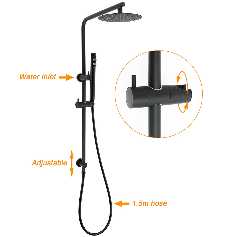 Matt Black Round 8" Rain Shower Head 3 Mode Handheld 2 in 1 Wall Arm Set