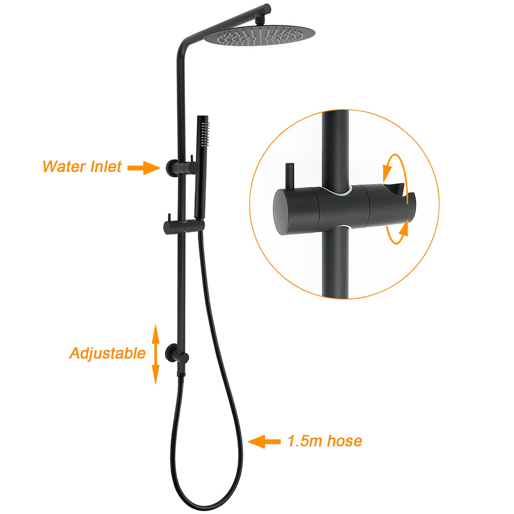 Matt Black Round 250mm Rain Shower Head Brass Handheld Slide Rail Riser Arm Set
